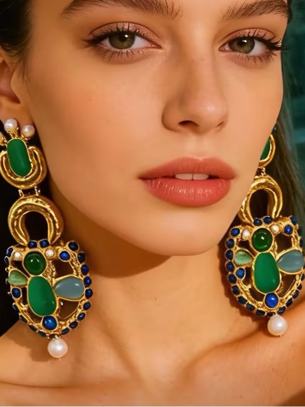 Gold-Tone Green Gem Drop Earrings with Blue Accents